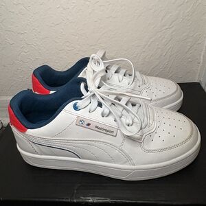 White Sneakers with Blue and Red Accents